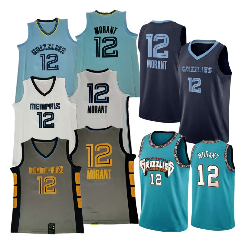 

2019 New Style Grizzlies #12 Morant Embroidered Jersey Blue Retro Gray City Edition Foreign Trade