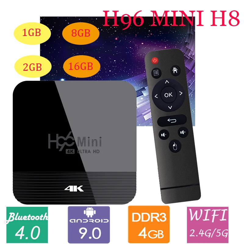 ТВ приставка Android 9,0 RK3228A H96 Mini H8 smart tv приставка HD 1080P USB 2,0 2 Гб 16 Гб 5 В/2 а Netflix youtube Google store ТВ приставка