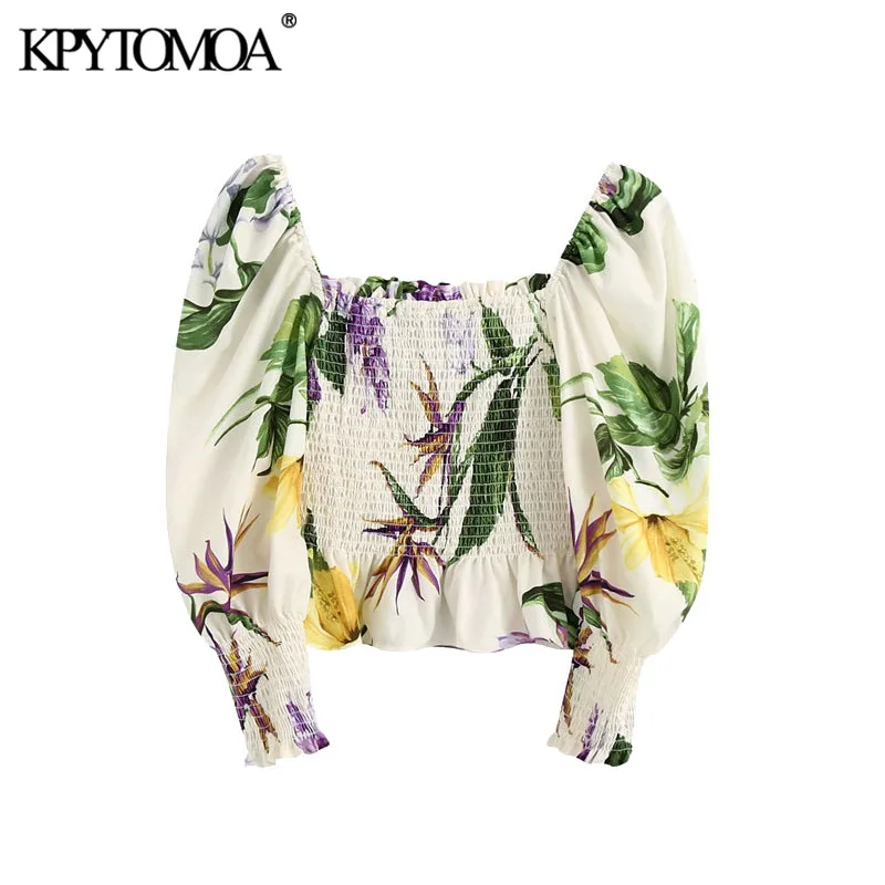 KPYTOMOA-Blusa corta con volantes y estampado Floral para mujer, camisa elástica Vintage con mangas abullonadas, 2020
