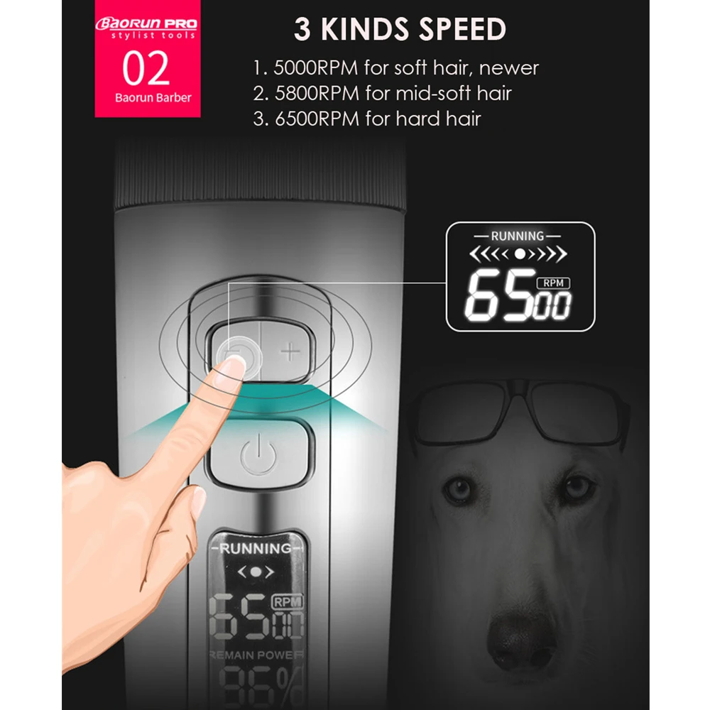 BaoRun P9 Dog Clipper Professional LCD Display Pet Cat Clippers Rechargeable Haircut Machine