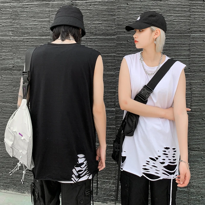 

Sleeveless White Black Hole Vest Men and Women Round Neck Pure Cotton Tees Harajuku Loose Casual Hip Hop Tank Tops