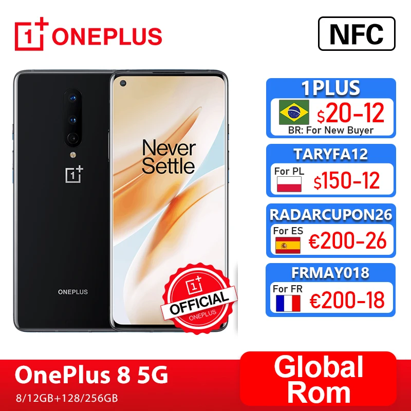 Rom Global Oneplus 8 5G OnePlus tienda oficial Smartphone Snapdragon 865 Octa Core 8GB 128GB 6,55 90Hz pantalla 30W cargador NFC; código: RADARCUPON26 (200€-26€) 05ESOW20(€150-20)