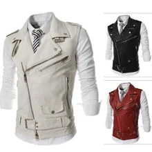 Стиль крутой мульти-молния Мужской приталенный большой отворот короткий кожаный жилет пальто