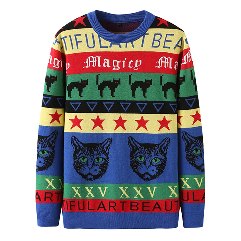 Multi color P популярного бренда Для мужчин's и Для женщин весенняя одежда с героями мультфильмов; с изображением животных, котов жаккардовый пуловер, свитер Прохладный пары круглая горловина круглый вырез горловины свитер - Цвет: Multi color