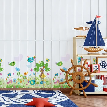 

Cartoon plant butterfly flower and bird pattern 3d wall sticker wood grain bedroom wall skirt retaining foam waterproof sticker
