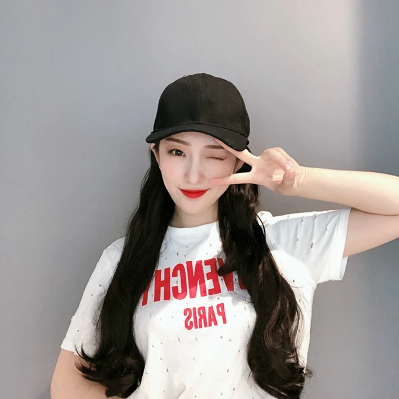 Dropshipping Fake Long Hair Visor One-piece Wig Hat Female Summer Black Long Straight Hair Hat With Wig Visors