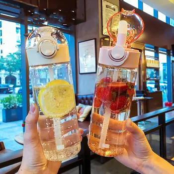 

New 650ml Clear Plastic Water Bottle With Straw Portable Large Capacity Water Bottle Outdoor Sports Anti-fall Water Cup BPA Free