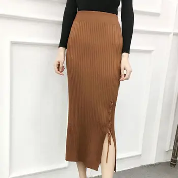 

Women Fashion Knitted Skirts Solid Split Skirts High Waist Slim Pencil Skirt Hip Lift Mid-Calf Skirt