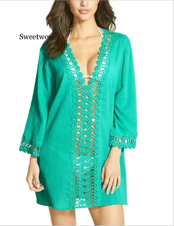 Hot Sale Women Summer Lace Crochet Bikini Cover Up Sexy Long Sleeve Swimwear Cover ups Bathing Beach V-neck Mini Dress Tops