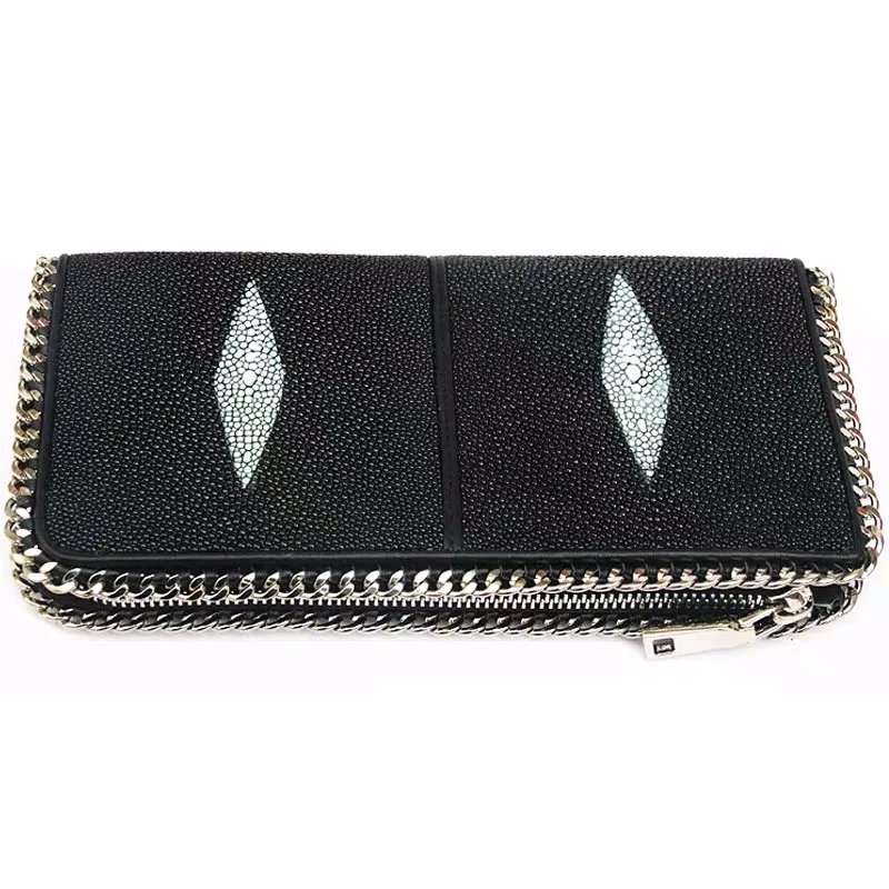 

Black White Authentic Stingray Skin Women's Large Organizer Wallet Genuine Leather Female Phone Clutch Purse Lady Card Holders