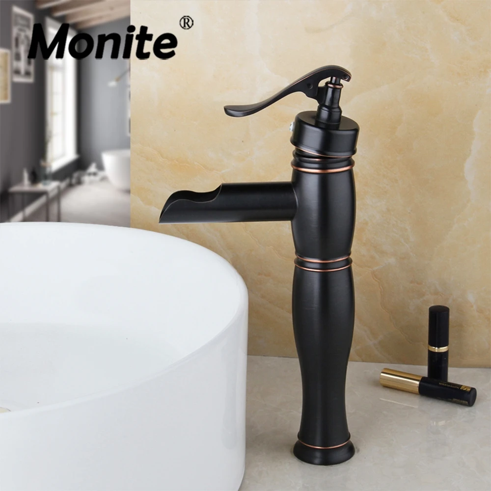 Monite Black ORB Bathroom Faucet Waterfall Deck Mounted Bamboo Shape Basin Sink Art Design Mixer Tap | Обустройство дома