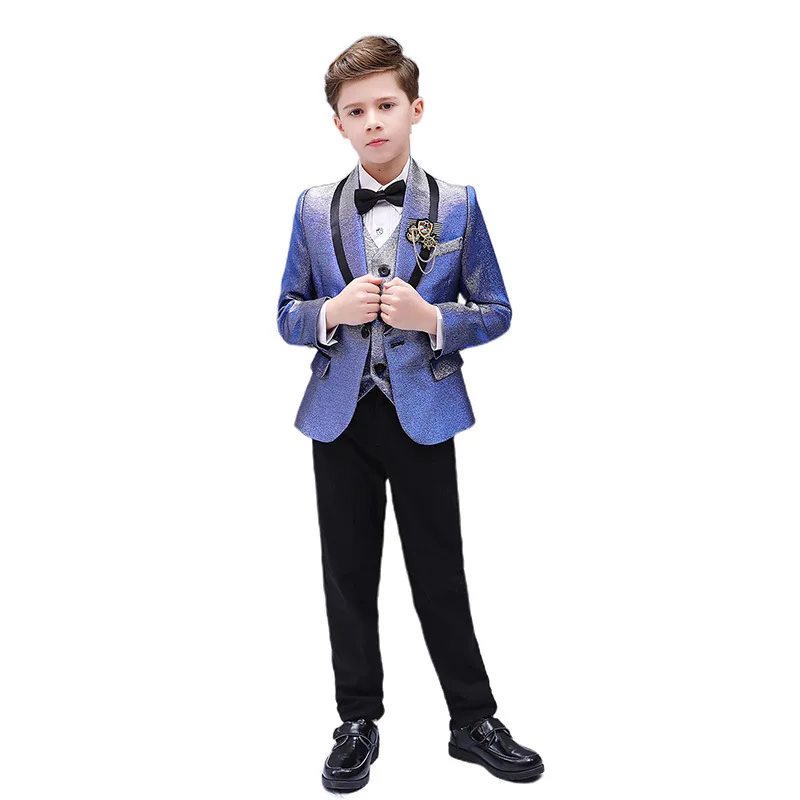 Formal Children's Dress Suit Set Gradient Color Flower Handsome Host Catwalk Wedding Costume Kids Blazer Vest Pants 3pcs Outfit