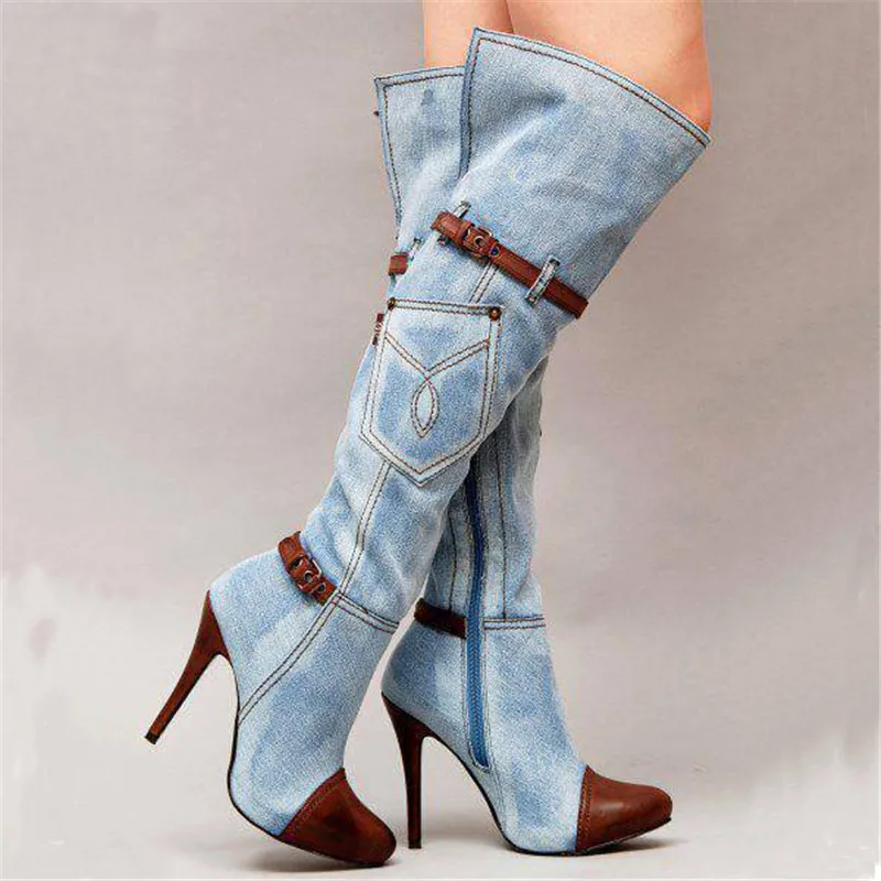 

2019 Womens Pointed Toe Blue Denim Overknee Boots Women Patchwork Long High Heel Jean Boots Belted Motorcycle Thigh High Boots