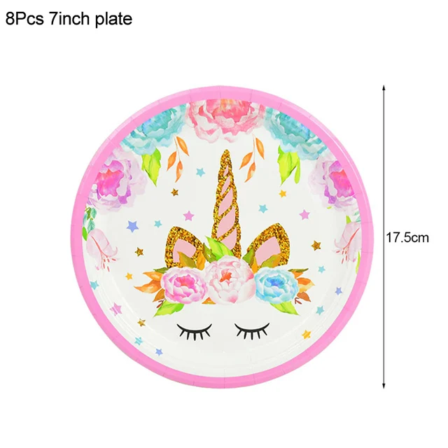Rainbow Unicorn Birthday Party Decoration Disposable Tableware Set Unicorn Balloon Girl Baby Shower Kids Birthday Party Supplies 8pcs 7inch plate