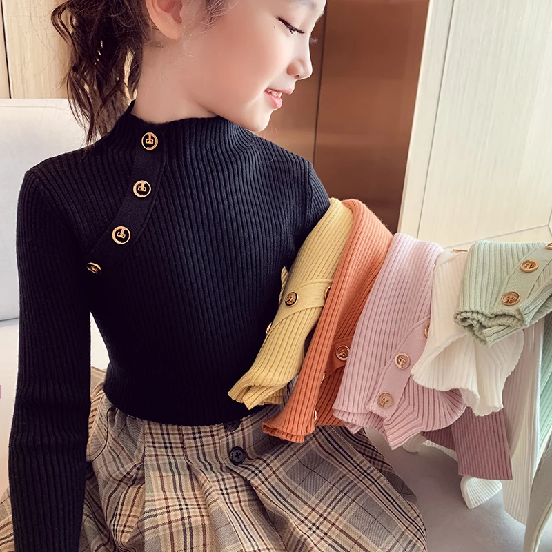 2021 Fashion Spring Girls Sweaters Knit Pullover Tops Turtlrneck Girls Sweater 2-14 Years Children Clothing Warm Kids Sweaters