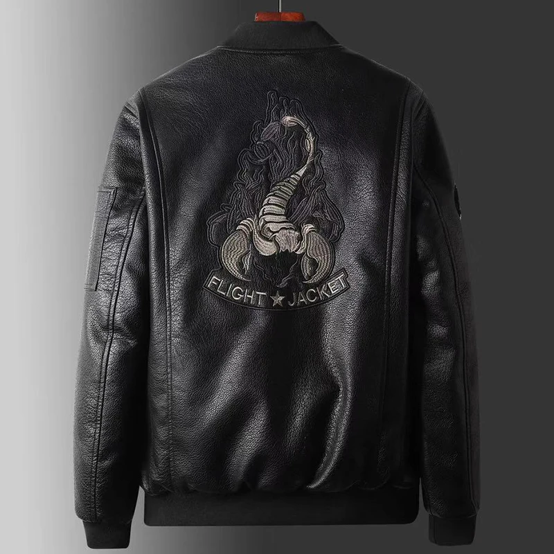 Hywcvar мужская куртка со стоячим воротником PU-Coat Scorpion вышивка искусственная кожа черная Мужская куртка с длинным рукавом