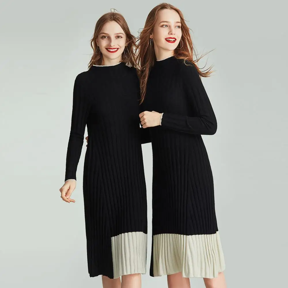 

HAVVA Autumn and Winter Women's Black Mid-length Knitted Dress Slim Knitdress Female Half-height Collar Dress Q39361