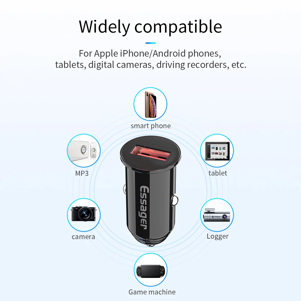 Мини Автомобильное зарядное устройство Essager Quick Charge 3,0 для iPhone, samsung, Xiaomi, быстрый автомобильный адаптер для зарядки QC 3,0 QC3.0, зарядное устройство для мобильного телефона