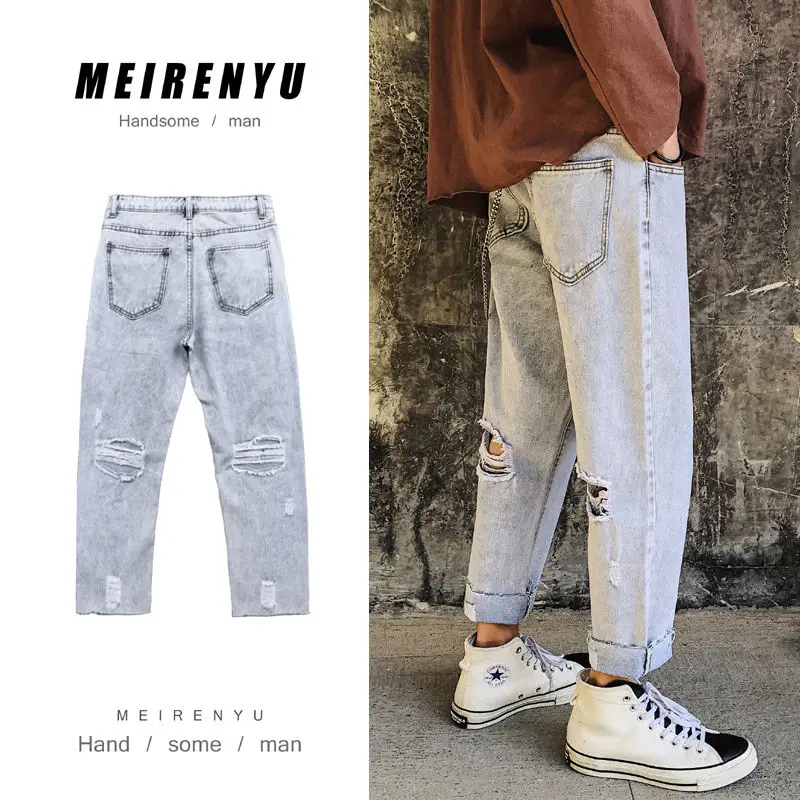 

Summer Ripped Jeans Men's Fashion Washed Retro Straight Jeans Men Streetwear Wild Loose Hip-hop Hole Denim Trousers Mens S-2XL