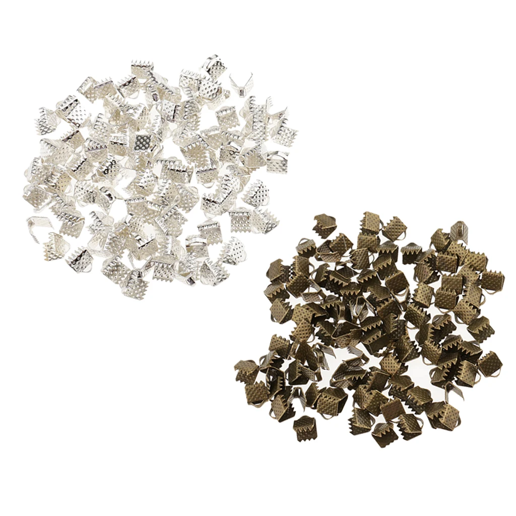 200 Pieces Silver and Bronze Crimp Clasps for DIY Necklace Choker Making Supplies, Flat Cord Ribbon Closure Findings, 0.24inch