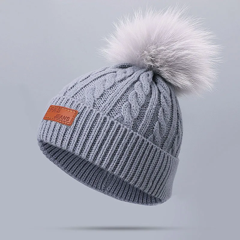 B Зимние шапки Skullies из натурального меха енота с помпоном для детей, вязаная теплая Милая Детская Мягкая вязаная фетровая шапка с помпоном - Цвет: B