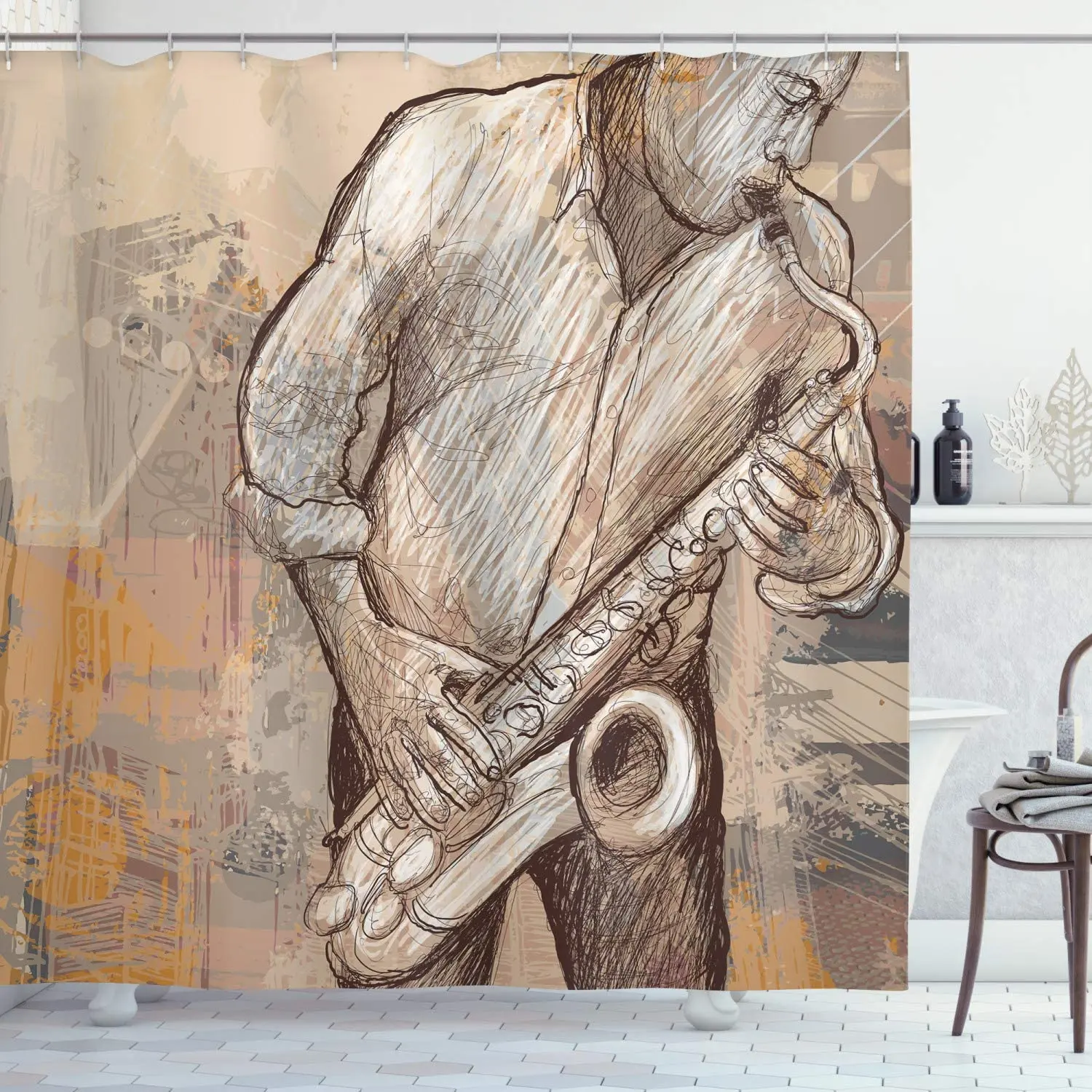 Music Shower Curtain Jazz Musician Playing The Saxophone Solo in Street on Grunge Background Art Print Bathroom Decor Set | Дом и сад