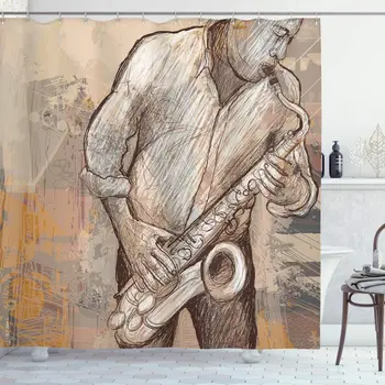 

Music Shower Curtain Jazz Musician Playing The Saxophone Solo in The Street on Grunge Background Art Print Bathroom Decor Set