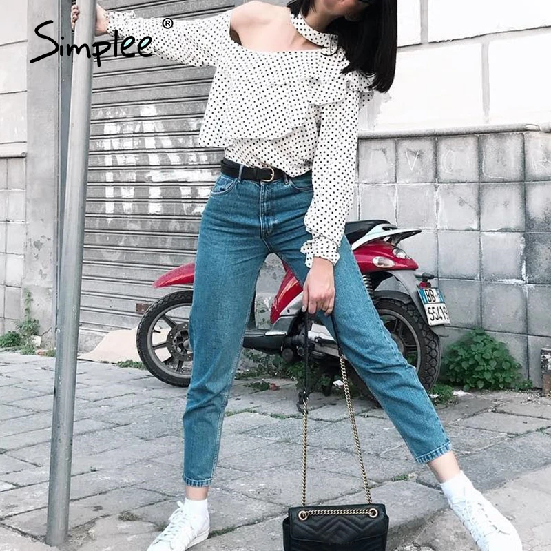 Женская блузка Simplee в горошек винтажная шифоновая с открытым плечом рюшами