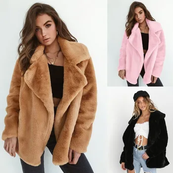 

GOOHOJIO Plush Coats Women Fur Lamb Thicken Autumn Warm Long Sleeve Female Jackets Overcoat Outerwear Faux Fur Coats For Women