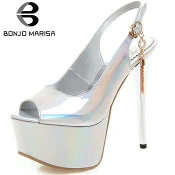 

BONJOMARISA Sexy Girl Summer Sandals Metallic Peep Toe Back Strap High Heel Sandals Women Platform Thin Heel Shoes Woman