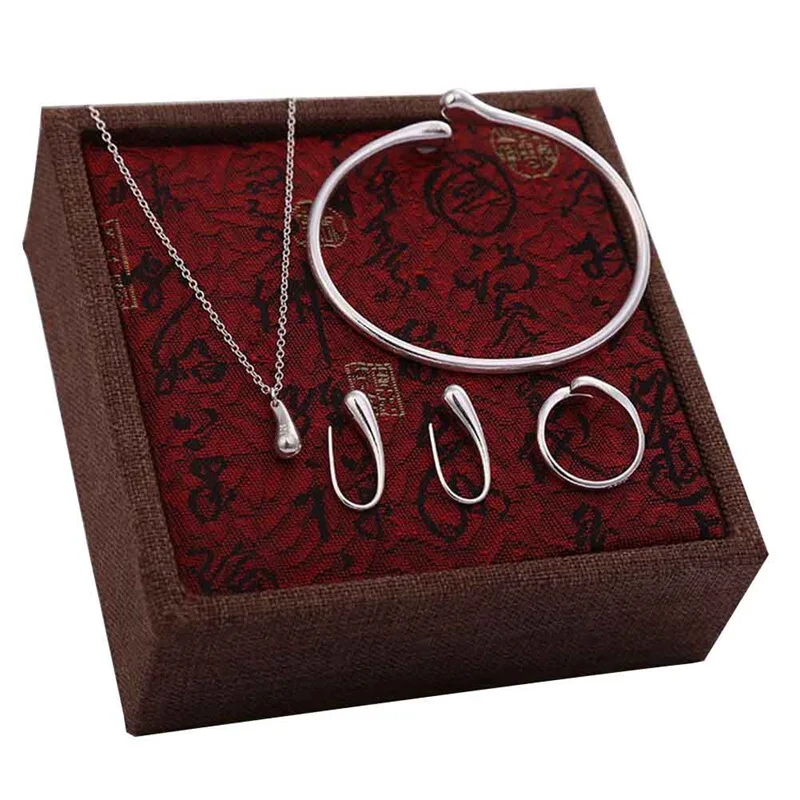 

Fashion Wedding Bridal Jewelry Set 925 Stamped Silver Water Drop Bangles+Necklace+Rings+Earrings Sets for Women