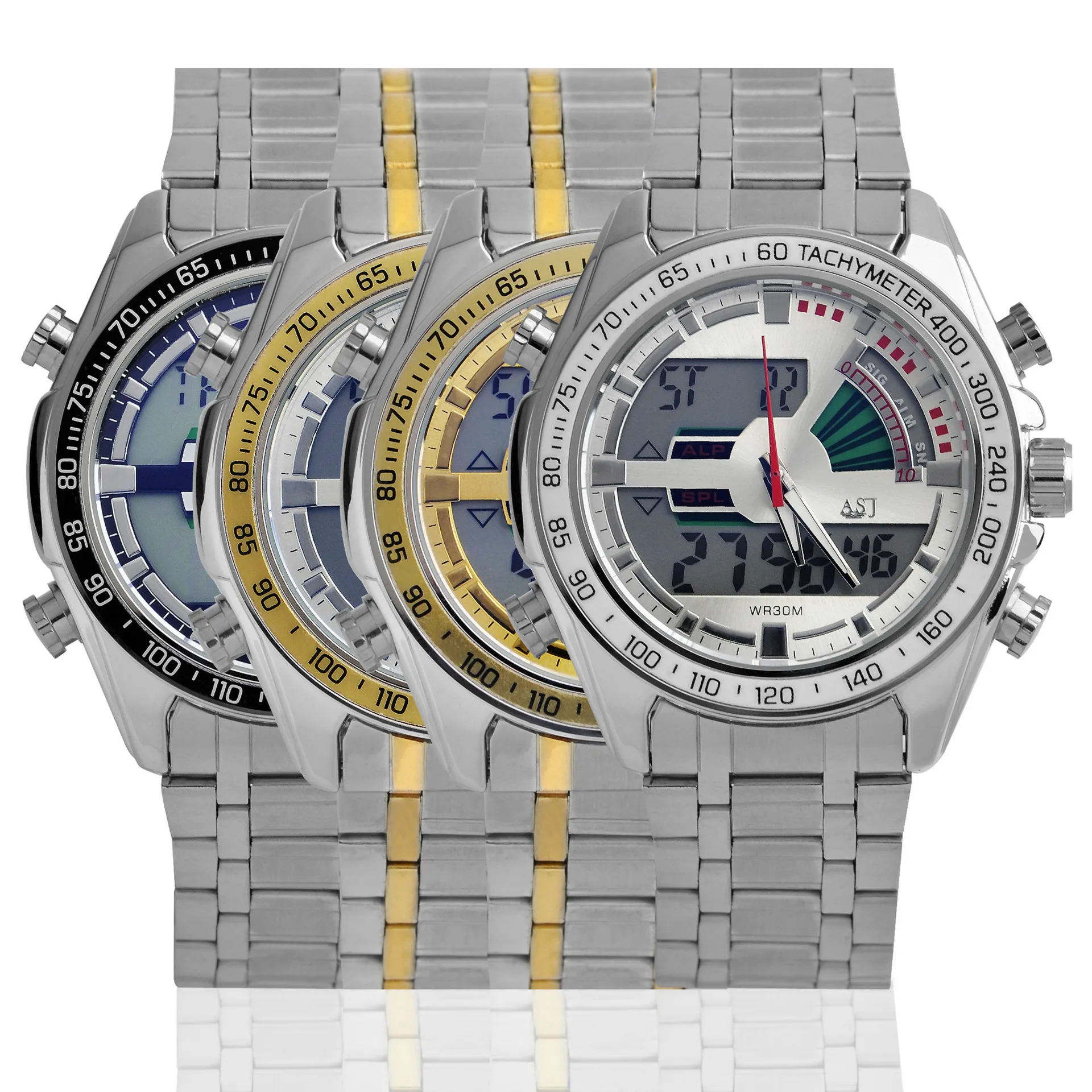 

ASJ Dual Display Multi-functional Electronic Watch Night Light Date Seconds Waterproof Backlight Hands Sports Steel Watch