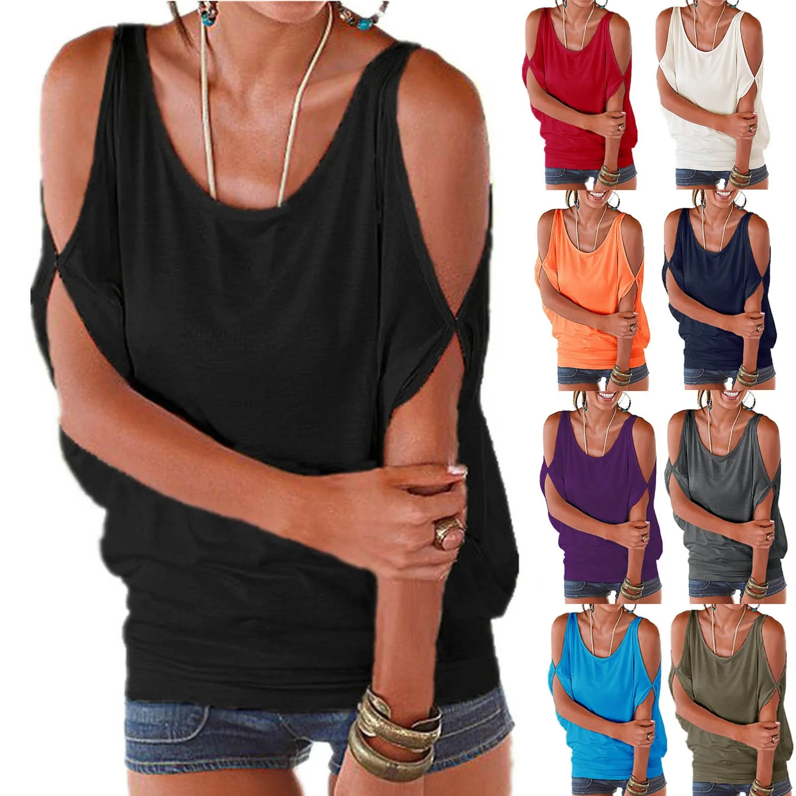 2021 Harajuku Causal T-shirt Women's Fashion Solid Color Strapless Bat Sleeve Loose Hundred Casual T-shirt tops Drop Shipping 1