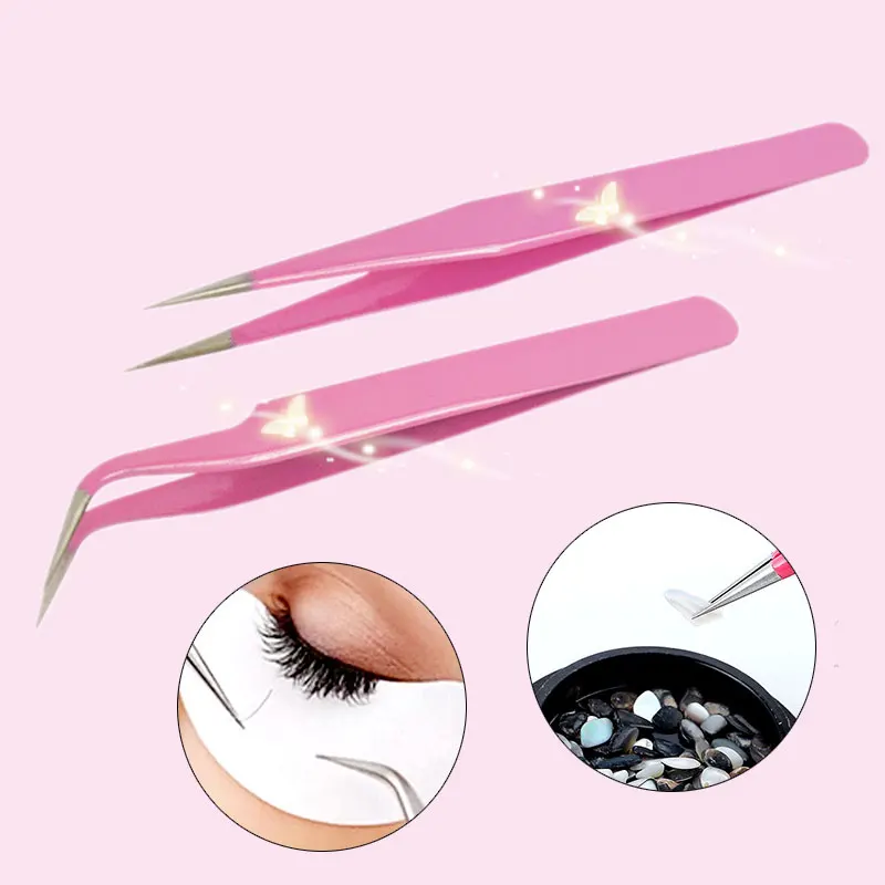 

Stainless Steel Pink Curved Straight Tweezers For Eyelash Extensions Nail Art Nipper Eyebrow Hair Remover Clip Repair Tools