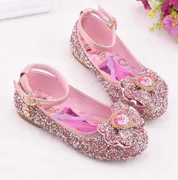

Kids Princess Elsa Shoes Girls Glitter Leather Shoes Fashion Bow Party Wedding Dress Flat Shoes Children Banquet Sneakers