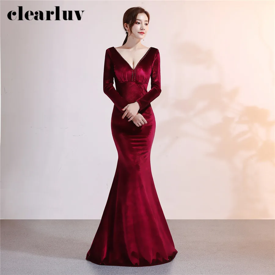 

Deep V-Neck Evening Dresses Burgundy Elegant Women Party Dresses DX306-2 Plus Size Robe De Soiree 2020 Long Sleeved Formal Dress