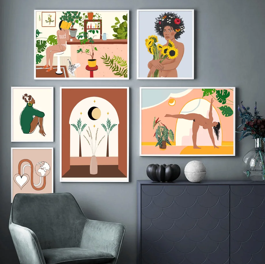 Режим пикантные Meisje Bloem Planten Illustratie Muur Schilderij Nordic Плакаты &amp принты фото Voor Woonkamer