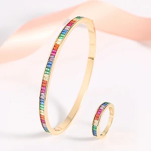 CZ Tennis Bangle Rings for Women Gold Color Rainbow CZ Rhinestone Women Wedding Jewelry Bracelet Fashion Jewelry Sets Wholesale - Окраска металла: Gold Sets