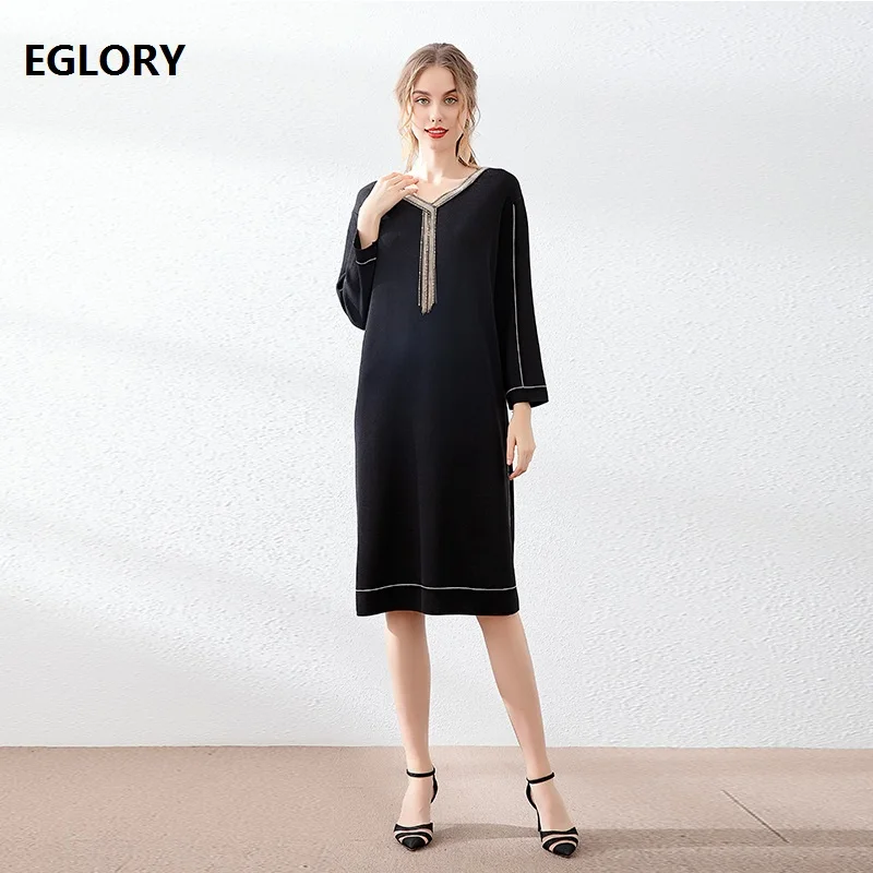 #^Special Price Tassel Sweater Dress 2019 Autumn Winter Long Pullover Dress Women Chain Beading V-Neck Long Sleeve Black Red Blue Knitted Dress #^Special Price Tassel Sweater Dress 2019 Autumn Winter Long Pullover Dress Women Chain Beading V-Neck Long Sleeve Black Red Blue Knitted Dress