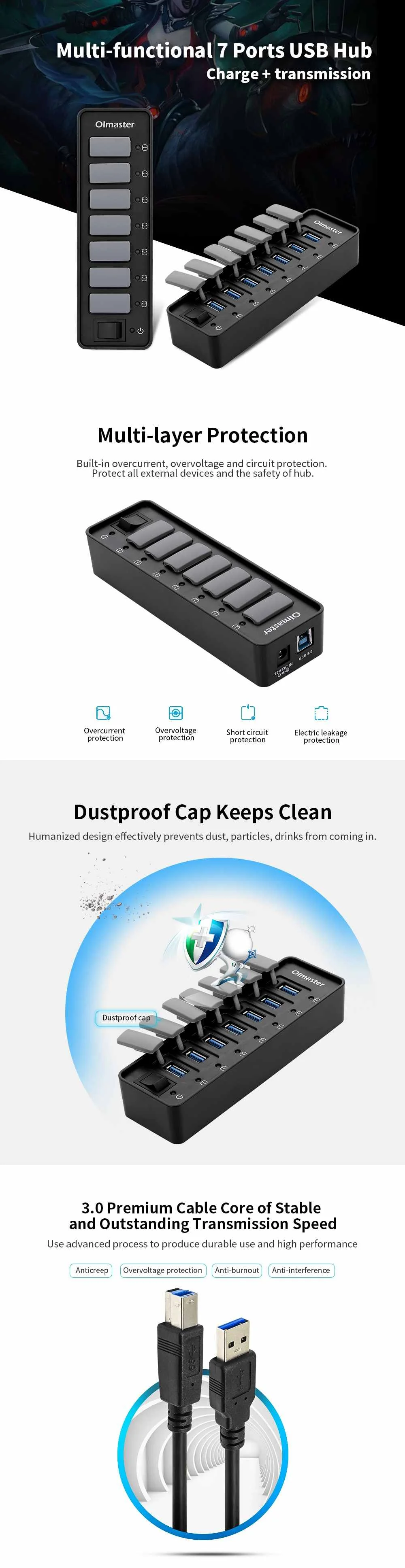 OImaster 7 портов USB3.0 концентратор адаптер HB-8717U3 5 Гбит/с Быстрая зарядка с Пылезащитный колпак переключатель разъем usb-хаб для портативных ПК