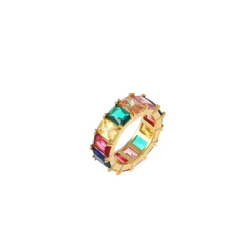 

Personality Style Delicate Rainbow Rings Color Full Multicolor Eternal Square Baguette Finger Gold Ring Hip Hop Unisex Jewelry