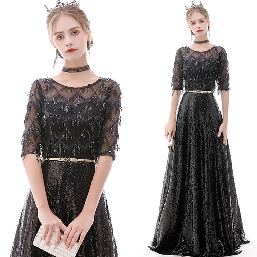 Vestido largo fiesta noche Элегантное Черное вечернее платье с коротким рукавом вечернее платье женское платье вечернее платье E26 - Цвет: Черный