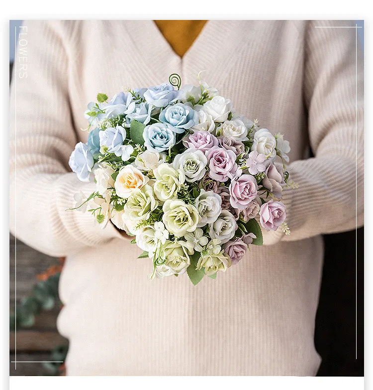 Nordic 10 Simulation Small Roses Artificial Bouquet Indoor Hotel Decoration Placed High Quality Plastic Silk Flower QW42 (6)