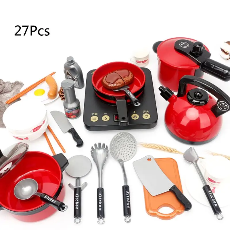 

27Pcs/Set Home Kitchen Utensils Tools Cooking Pots Pans Food Dishes Cookware Toy for Kids Children Play House Pretend Toys E65D