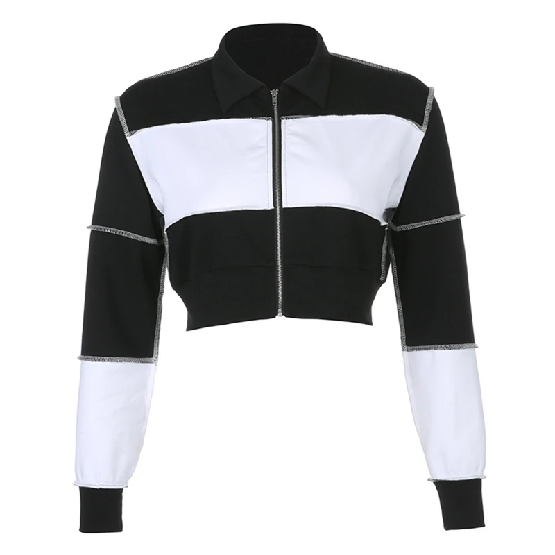 

Women Long Sleeve Lapel Zip Up Loose Jacket Black White Color Block Cropped Coat