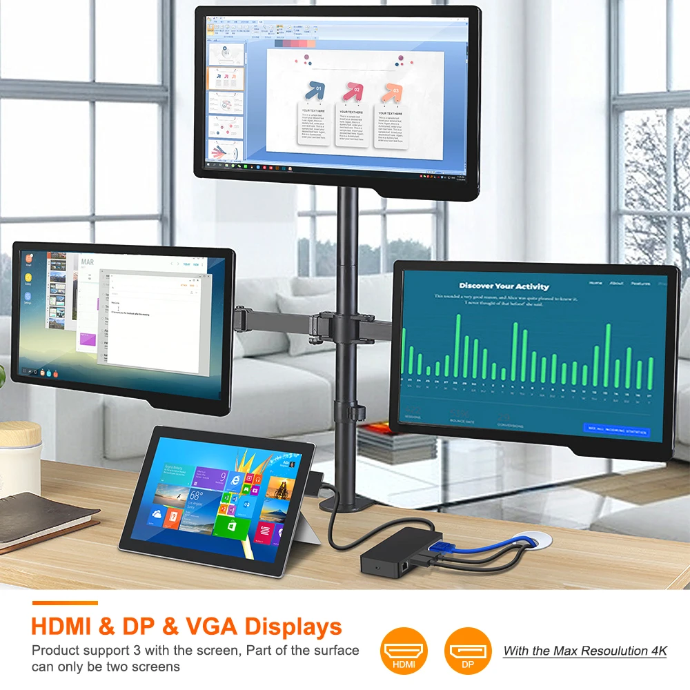 Rocketek usb 3,0 концентратор кард-ридер 4K HDMI/DP/VGA 3,5 аудио гигабитный Ethernet адаптер для SD/TF док-станции Surface Pro 4/5/6