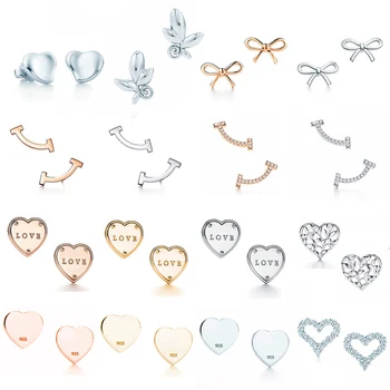 

High Quality 100% S925 Sterling Silver Classic Logo Heart-shaped Bow Smile Earrings Rose Gold Series Female Holiday Jewelry