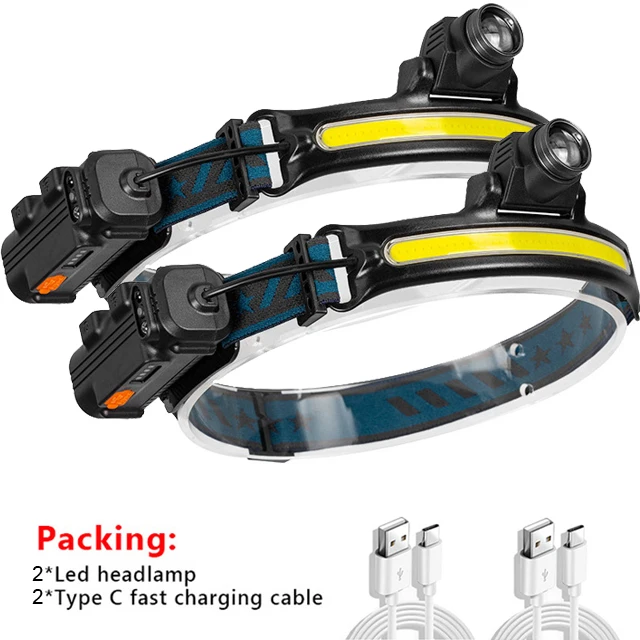 5 Lighting Modes COB LED Headlamp Sensor Headlight USB Rechargeable Head Lamp with Built-in Battery Flashlight Torch Work Light 2 pack big