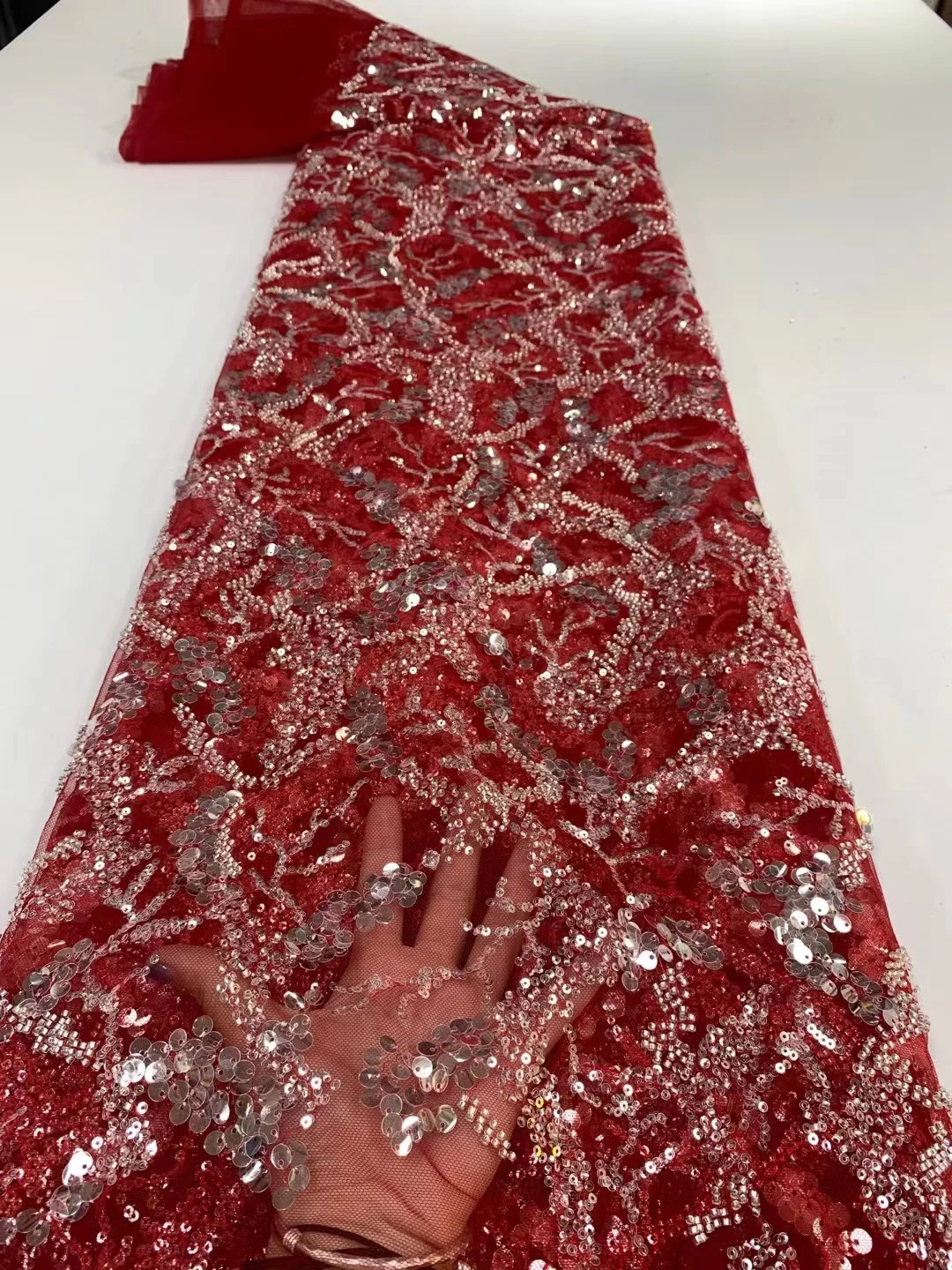 

(5yards/pc) High grade crystal sequins tube beads embroidered African wedding tulle lace bling bling French net lace FXZ098