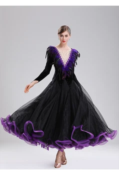 

Free Shipping Elegant black and purple feather trim spandex bodice ballroom dancing dress plus size performance dresses BD007